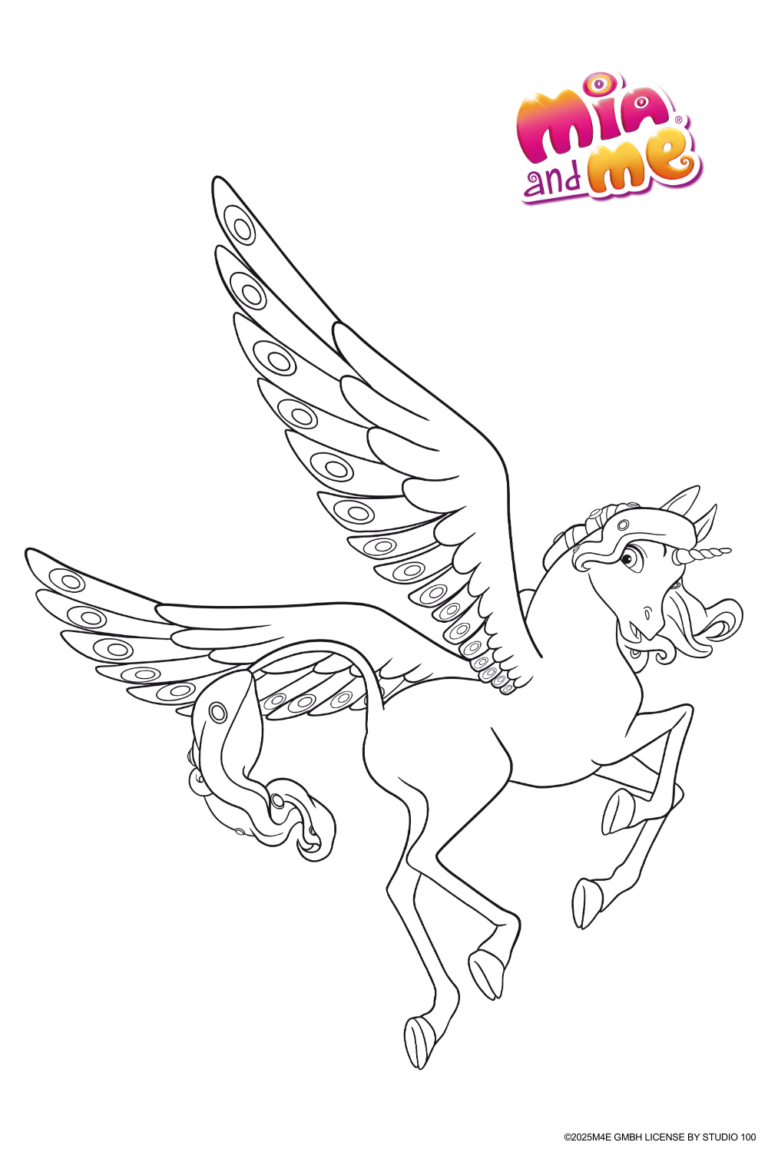 Ausmalbild zu Mia and me von Einhorn Pegasus Onchao Pose 1