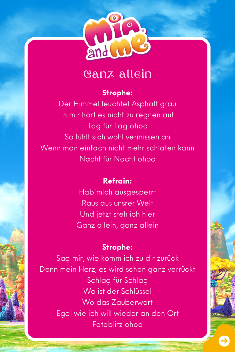 Songtext zum Lied "Ganz allein" Seite 1 aus dem Original Liederalbum von Mia and me