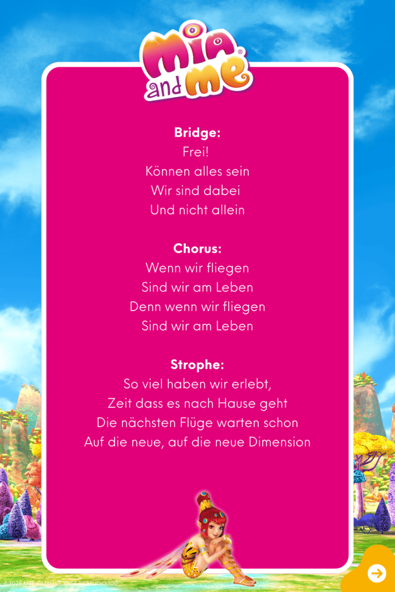 Liedtext "Wenn wir fliegen" Seite 2 dem Original Liederalbum von Mia and me