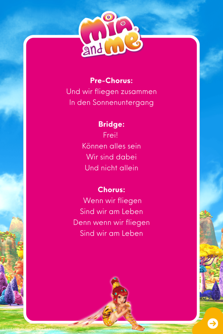 Liedtext "Wenn wir fliegen" Seite 3 dem Original Liederalbum von Mia and me