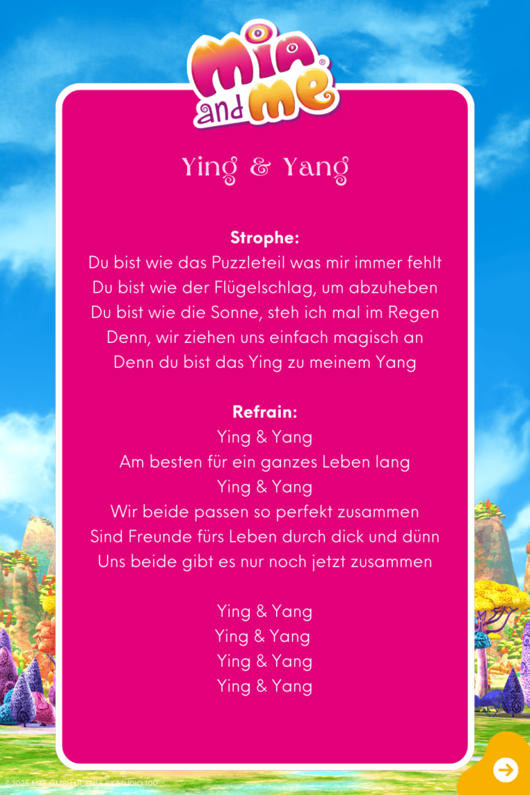 Songtext zum Lied "Ying und Yang" Seite 1 aus dem Original Liederalbum von Mia and me