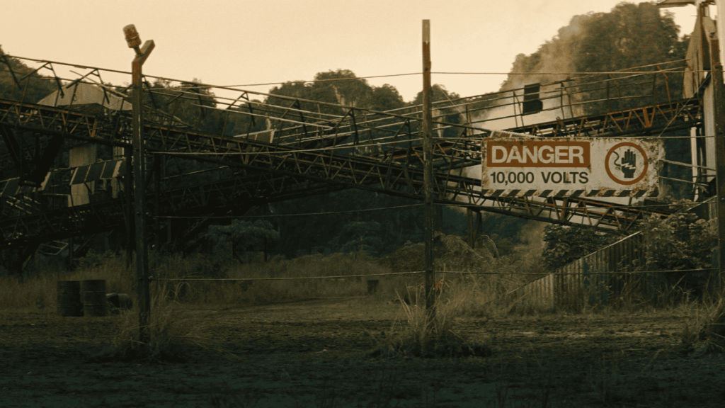 Szenenbild aus dem Kinofilm Jurassic World: Die Wiedergeburt_Gebiet mit einem Zaun und Hinweis "Danger"