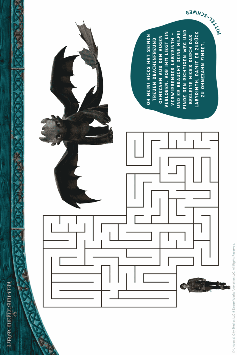 Rätsel zum Ausdrucken, Labyrinth zu Drachenzähmen leicht gemacht